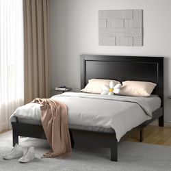 solid rubber wood queen bed frame – platform slat, high headboard & under bed storage