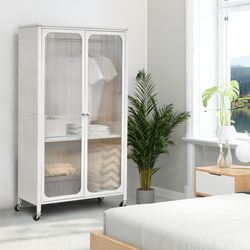 white rolling storage armoire closet with hanging rod & adjustable shelf space saving wardrobe