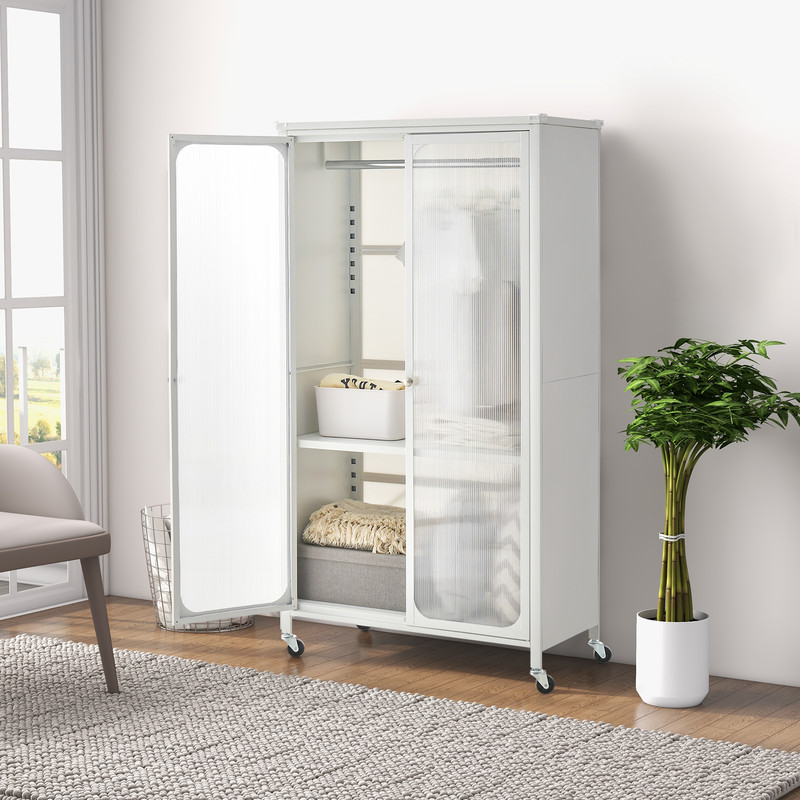 White Rolling Storage Armoire Closet with Hanging Rod & Adjustable Shelf Space Saving Wardrobe
