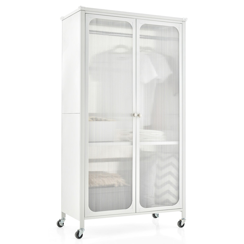 White Rolling Storage Armoire Closet with Hanging Rod & Adjustable Shelf Space Saving Wardrobe