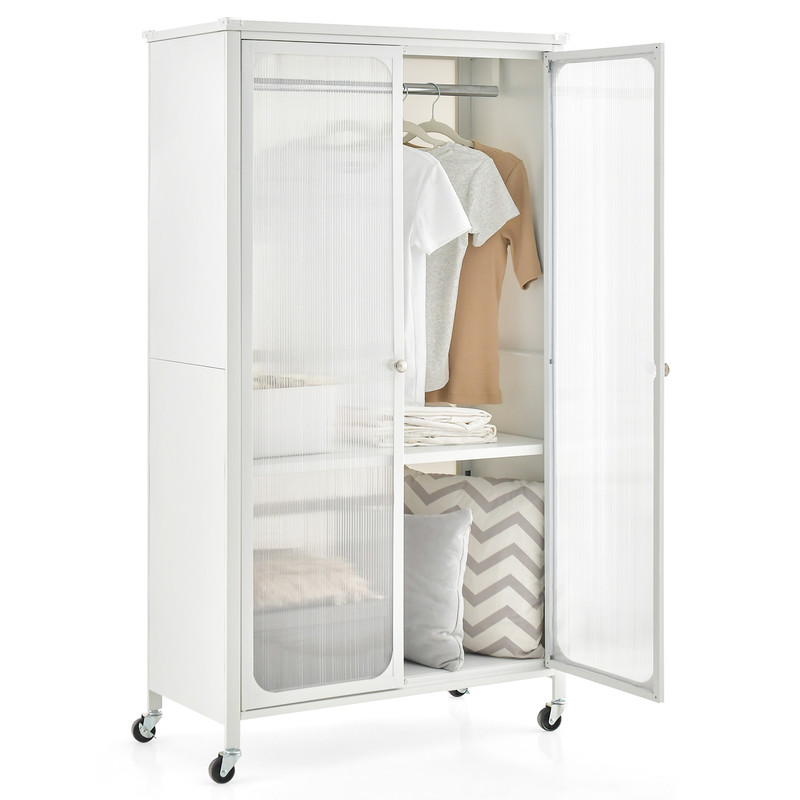 White Rolling Storage Armoire Closet with Hanging Rod & Adjustable Shelf Space Saving Wardrobe