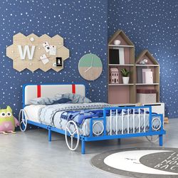 twin size kids bed frame car shaped metal platform bed with upholstered headboard