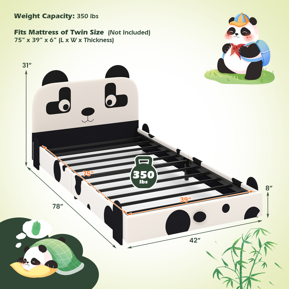 Twin Size Kids Bed with Cute Panda Headboard Low Profile & Sturdy Bed Frame