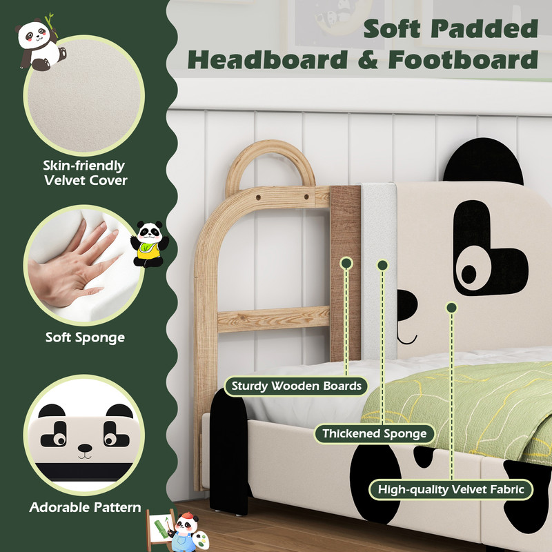 Twin Size Kids Bed with Cute Panda Headboard Low Profile & Sturdy Bed Frame