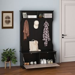 3 in 1 coat rack with entryway bench, hooks, and enclosed cabinet black