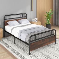 industrial full size bed frame with rustic wood headboard sturdy metal platform