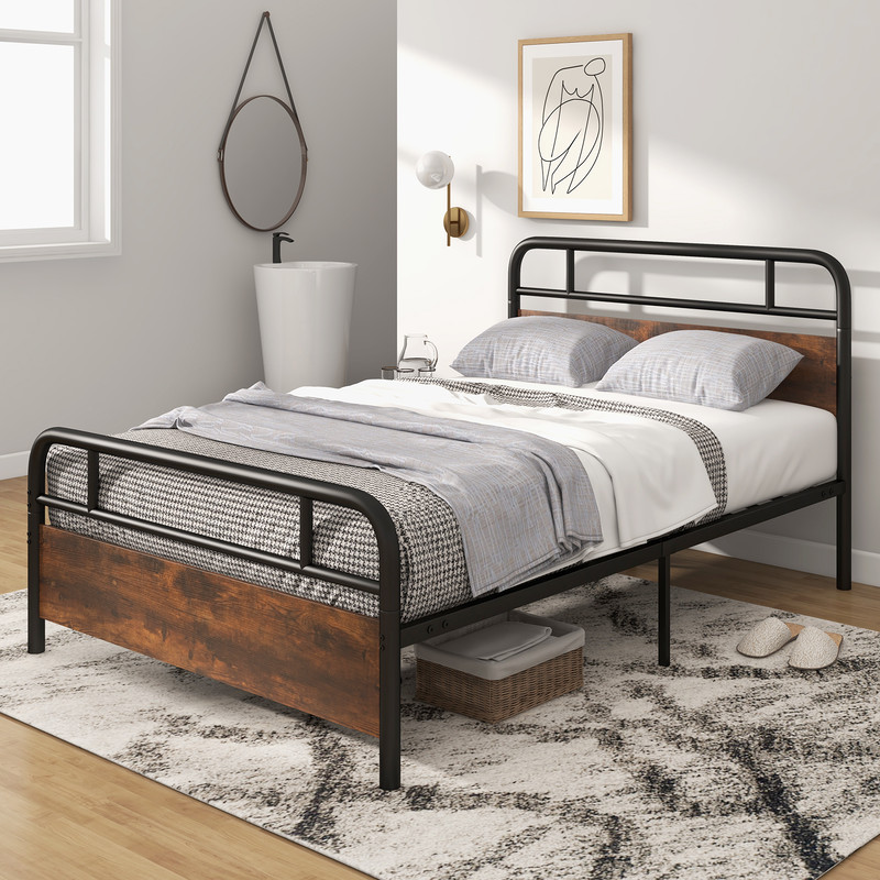 Industrial Full Size Bed Frame with Rustic Wood Headboard Sturdy Metal Platform
