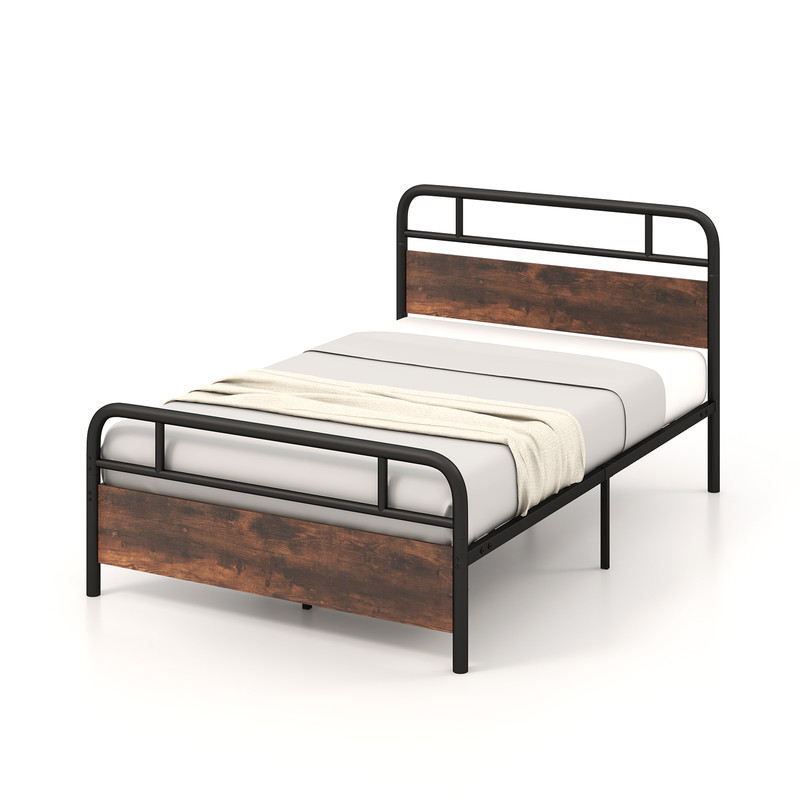 Industrial Full Size Bed Frame with Rustic Wood Headboard Sturdy Metal Platform