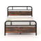 Industrial Full Size Bed Frame with Rustic Wood Headboard Sturdy Metal Platform