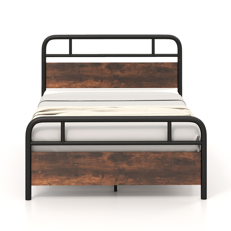 Industrial Full Size Bed Frame with Rustic Wood Headboard Sturdy Metal Platform