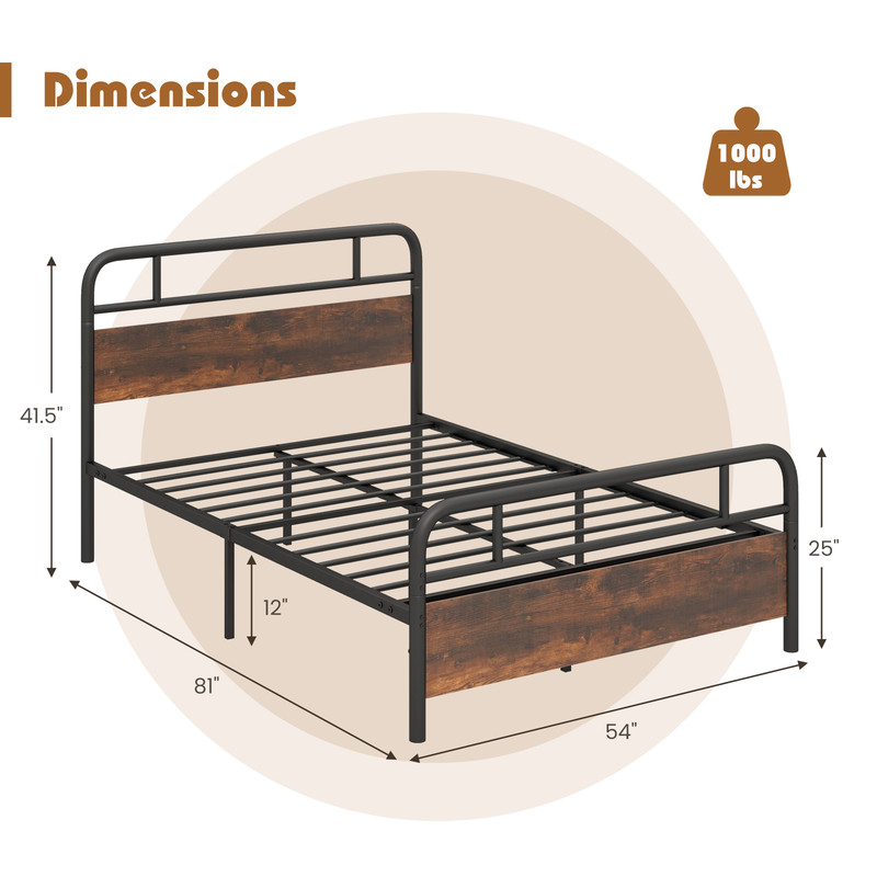 Industrial Full Size Bed Frame with Rustic Wood Headboard Sturdy Metal Platform