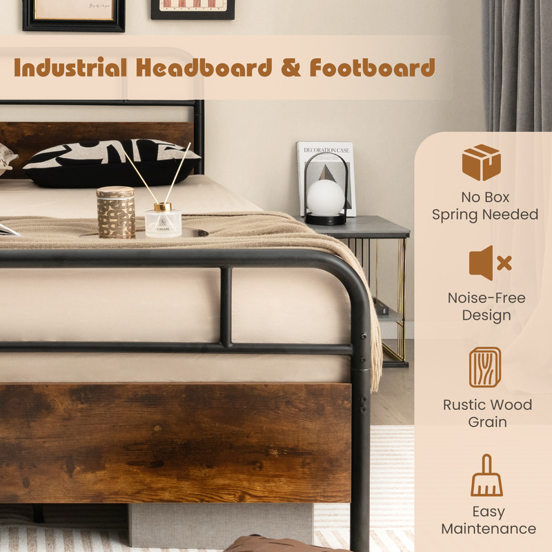 Industrial Full Size Bed Frame with Rustic Wood Headboard Sturdy Metal Platform
