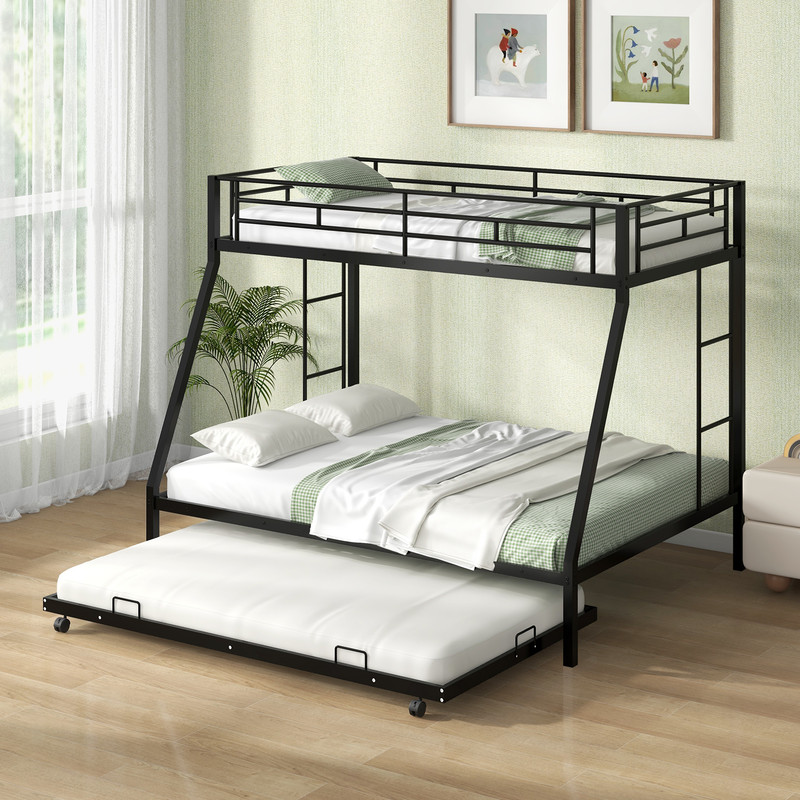 Twin Over Full Bunk Bed Frame with Trundle Space Saving Black Metal Bed Frame for Guest Rooms