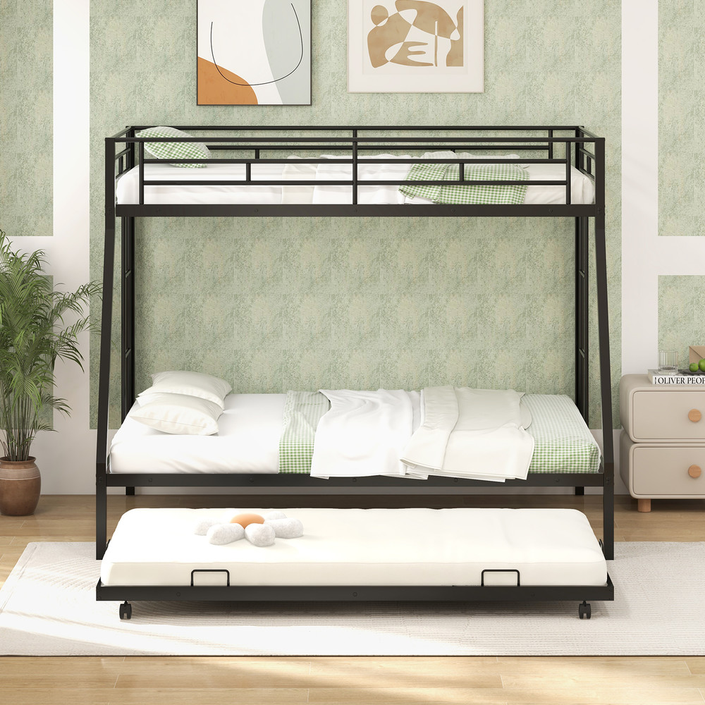 Twin Over Full Bunk Bed Frame with Trundle Space Saving Black Metal Bed Frame for Guest Rooms