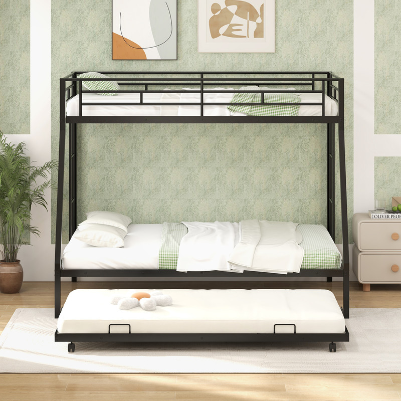 Twin Over Full Bunk Bed Frame with Trundle Space Saving Black Metal Bed Frame for Guest Rooms