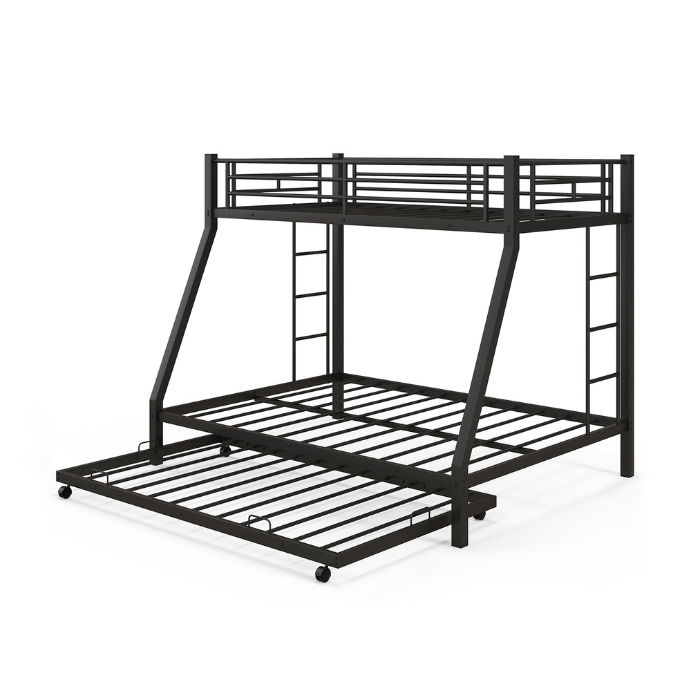 Twin Over Full Bunk Bed Frame with Trundle Space Saving Black Metal Bed Frame for Guest Rooms