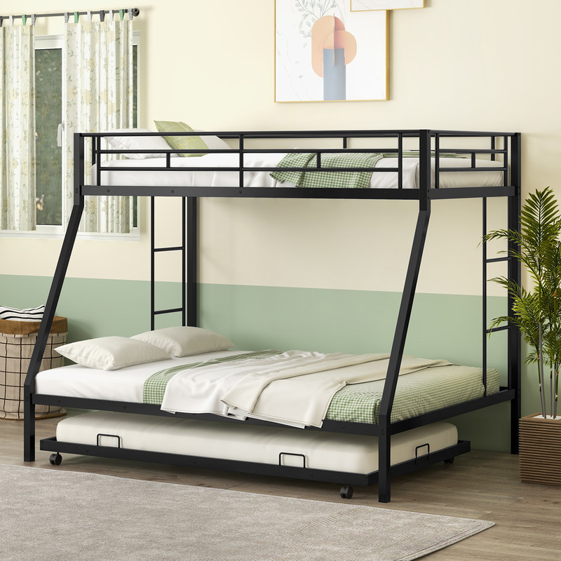 Twin Over Full Bunk Bed Frame with Trundle Space Saving Black Metal Bed Frame for Guest Rooms