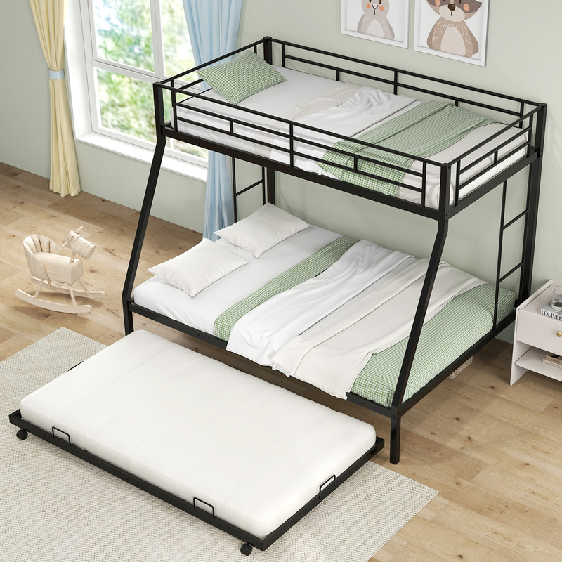 Twin Over Full Bunk Bed Frame with Trundle Space Saving Black Metal Bed Frame for Guest Rooms