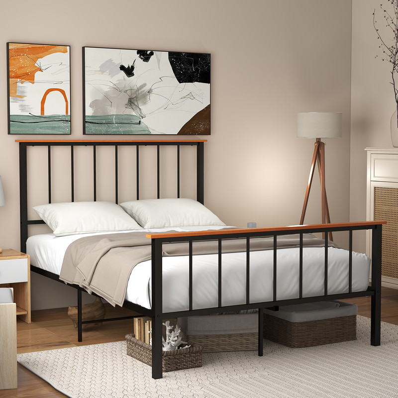 Full Size Bed Frame with Headboard and Footboard Sturdy Metal & MDF Platform Bed