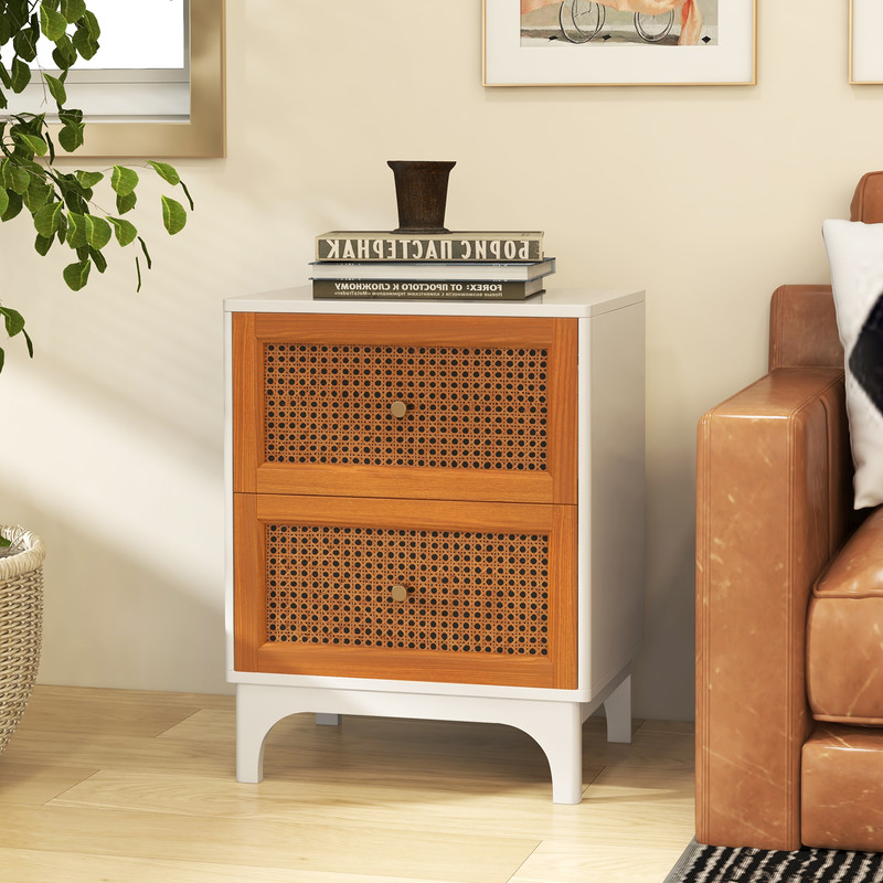 Boho Accent Table Nightstand with 2 Handwoven Rattan Drawers White & Brown