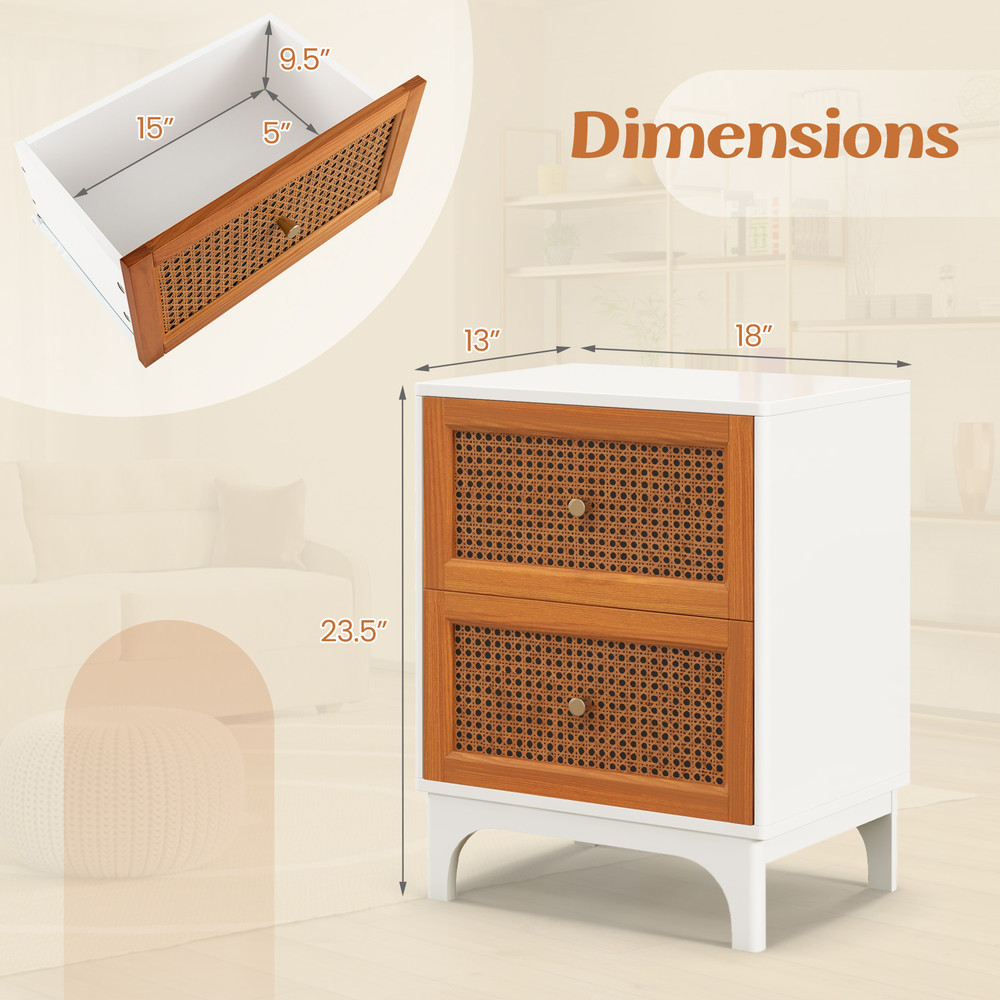 Boho Accent Table Nightstand with 2 Handwoven Rattan Drawers White & Brown