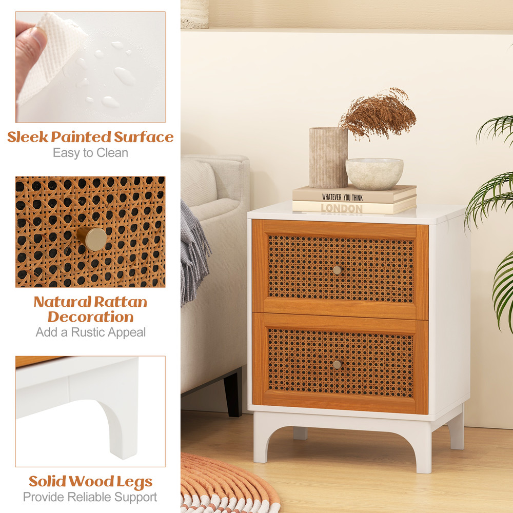 Boho Accent Table Nightstand with 2 Handwoven Rattan Drawers White & Brown