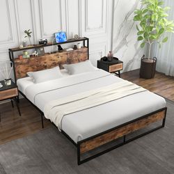 full/queen bed frame with 2 tier storage headboard & charging station sturdy metal design