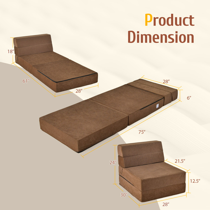 Tri-fold Folding Sleeper Sofa Bed Chair Convertible Lounge Couch for Living Room & Bedroom Guest Use