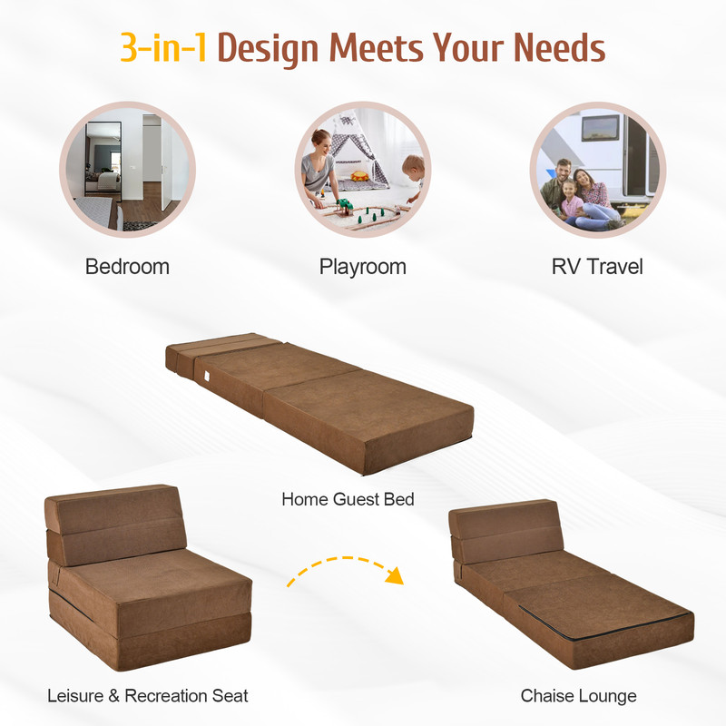 Tri-fold Folding Sleeper Sofa Bed Chair Convertible Lounge Couch for Living Room & Bedroom Guest Use
