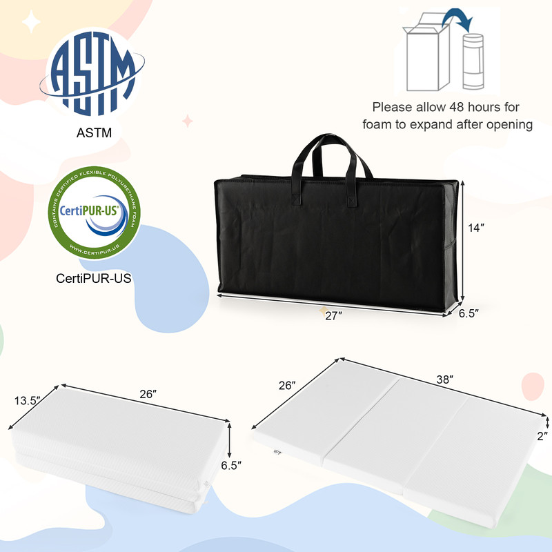 Portable Tri-Fold Pack and Play Mattress Pad with Gel-Infused Memory Foam, Breathable, Washable, Dual-Sided Baby Travel
