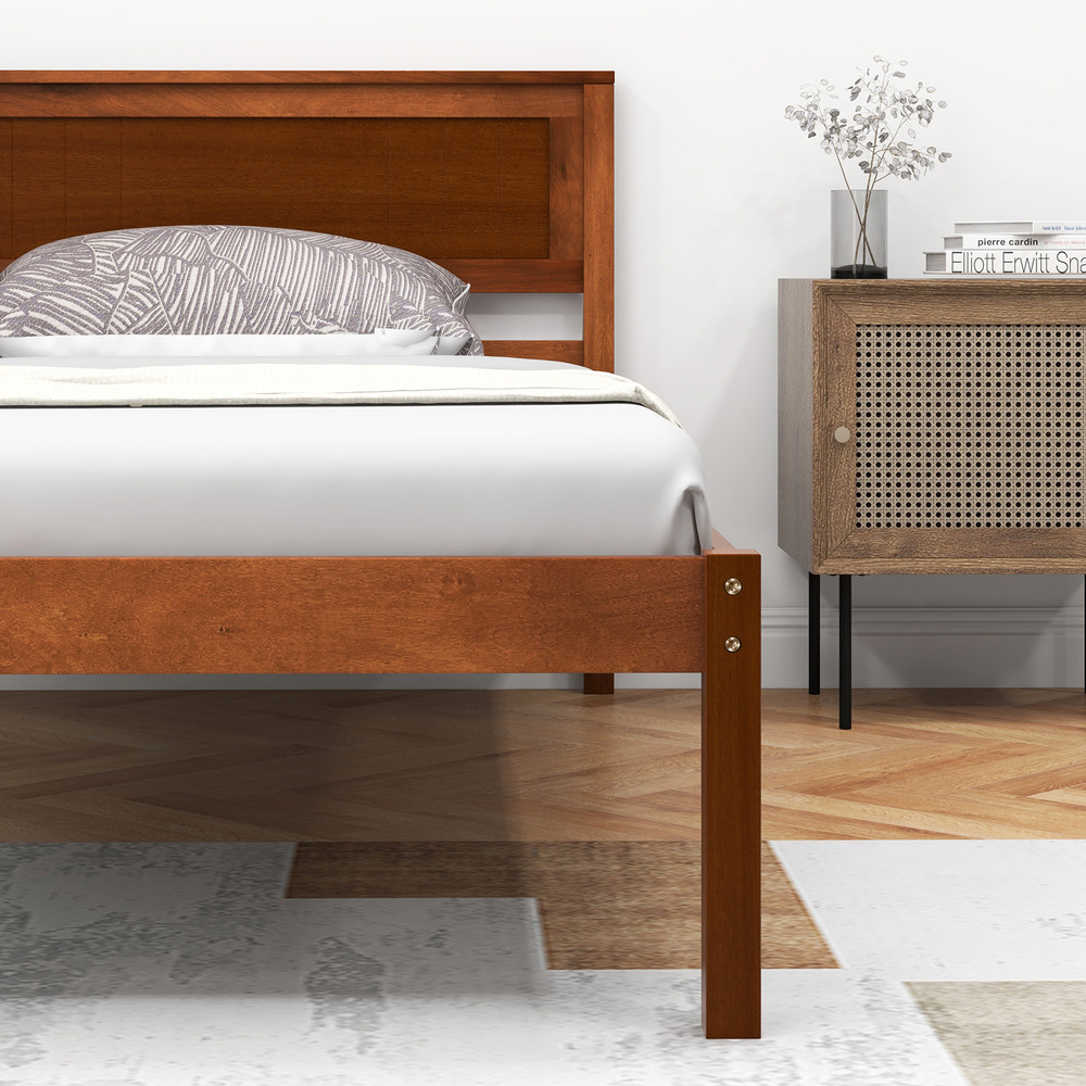 Twin Full Queen Size Bed Frame with Wooden Headboard and Slat Support, Solid Platform Base with Storage Space