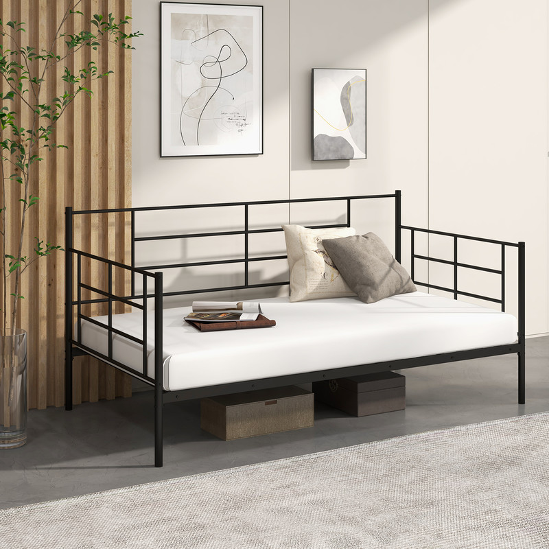 Twin Size Metal Daybed Sofa Bed Frame with Armrests and Backrest, Modern Guest Bed with Storage Space for Living Room