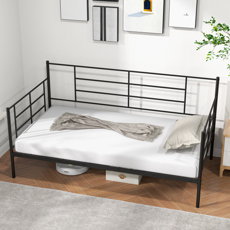 Twin Size Metal Daybed Sofa Bed Frame with Armrests and Backrest, Modern Guest Bed with Storage Space for Living Room