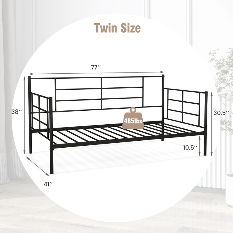 Twin Size Metal Daybed Sofa Bed Frame with Armrests and Backrest, Modern Guest Bed with Storage Space for Living Room