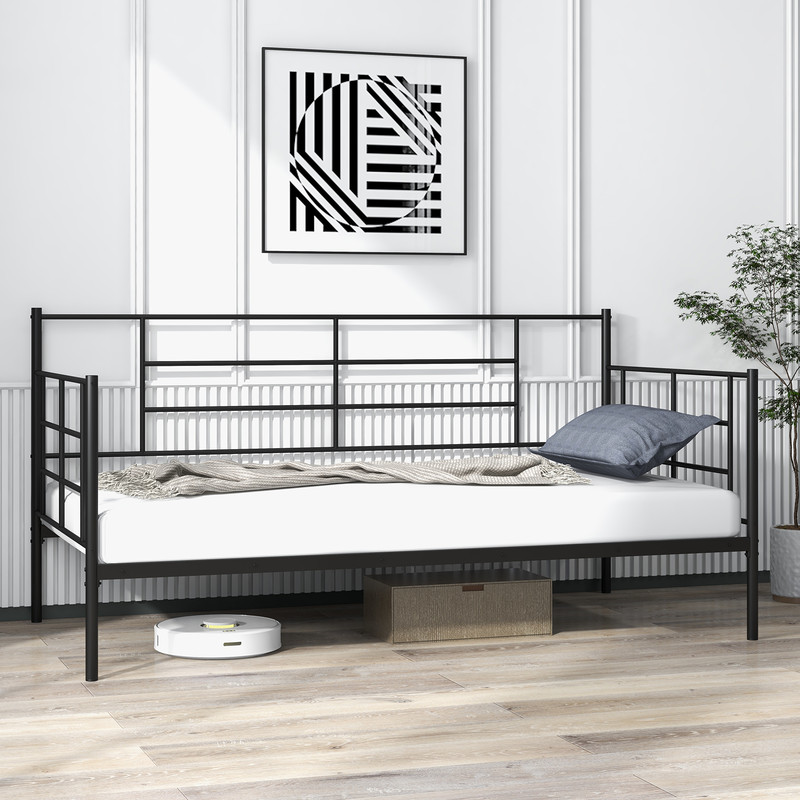 Twin Size Metal Daybed Sofa Bed Frame with Armrests and Backrest, Modern Guest Bed with Storage Space for Living Room