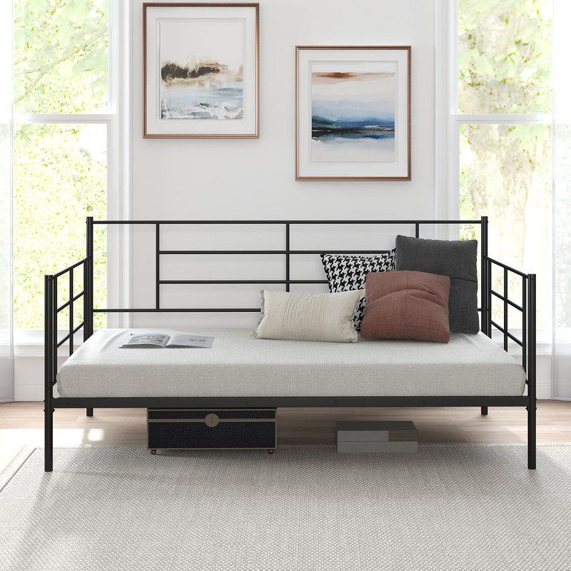 Twin Size Metal Daybed Sofa Bed Frame with Armrests and Backrest, Modern Guest Bed with Storage Space for Living Room