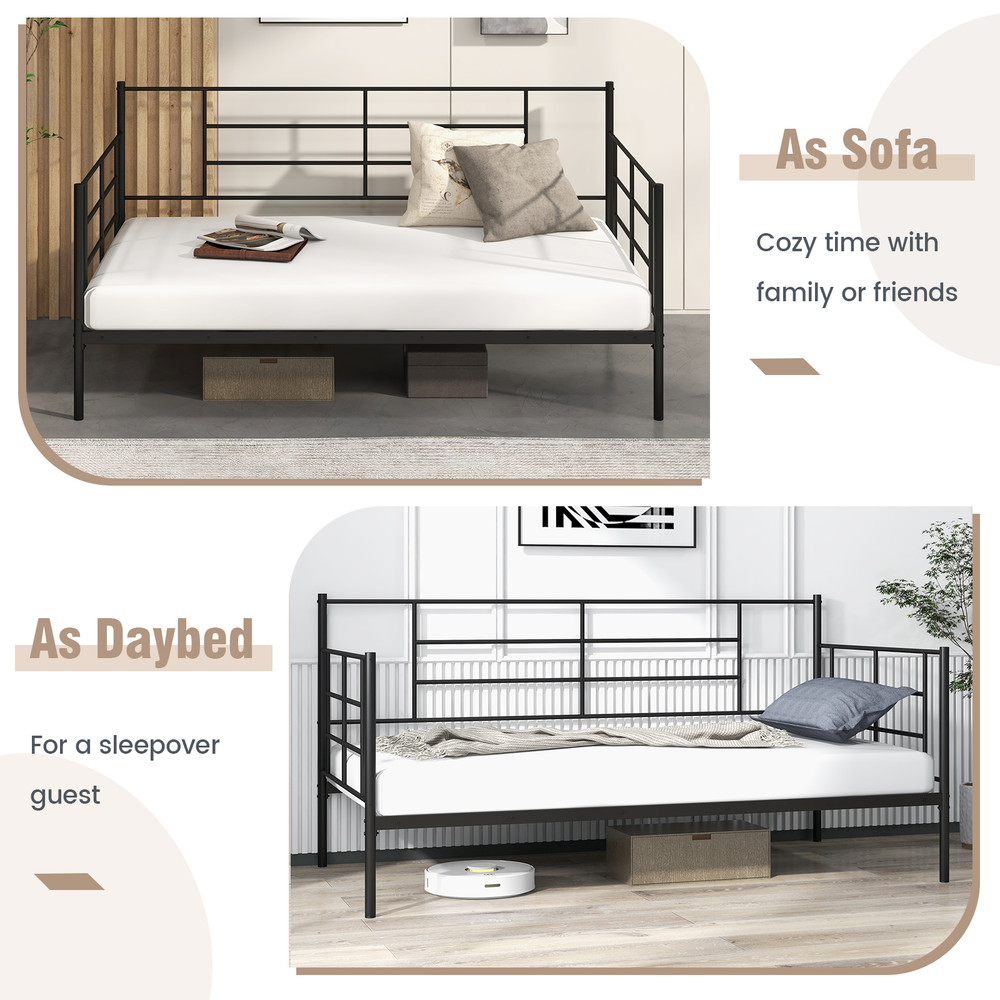 Twin Size Metal Daybed Sofa Bed Frame with Armrests and Backrest, Modern Guest Bed with Storage Space for Living Room