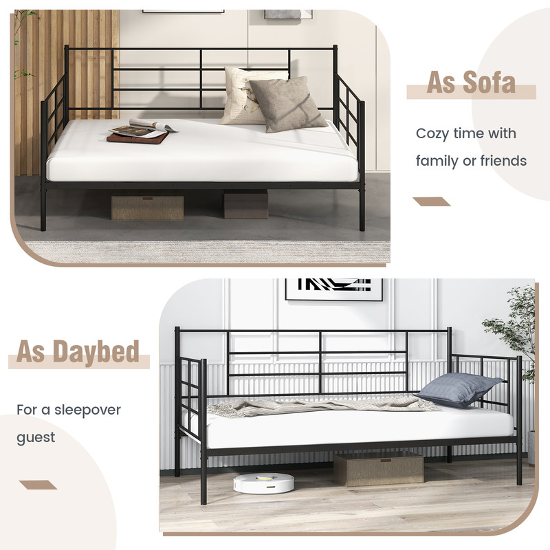 Twin Size Metal Daybed Sofa Bed Frame with Armrests and Backrest, Modern Guest Bed with Storage Space for Living Room