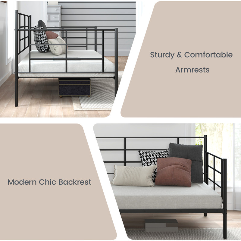 Twin Size Metal Daybed Sofa Bed Frame with Armrests and Backrest, Modern Guest Bed with Storage Space for Living Room