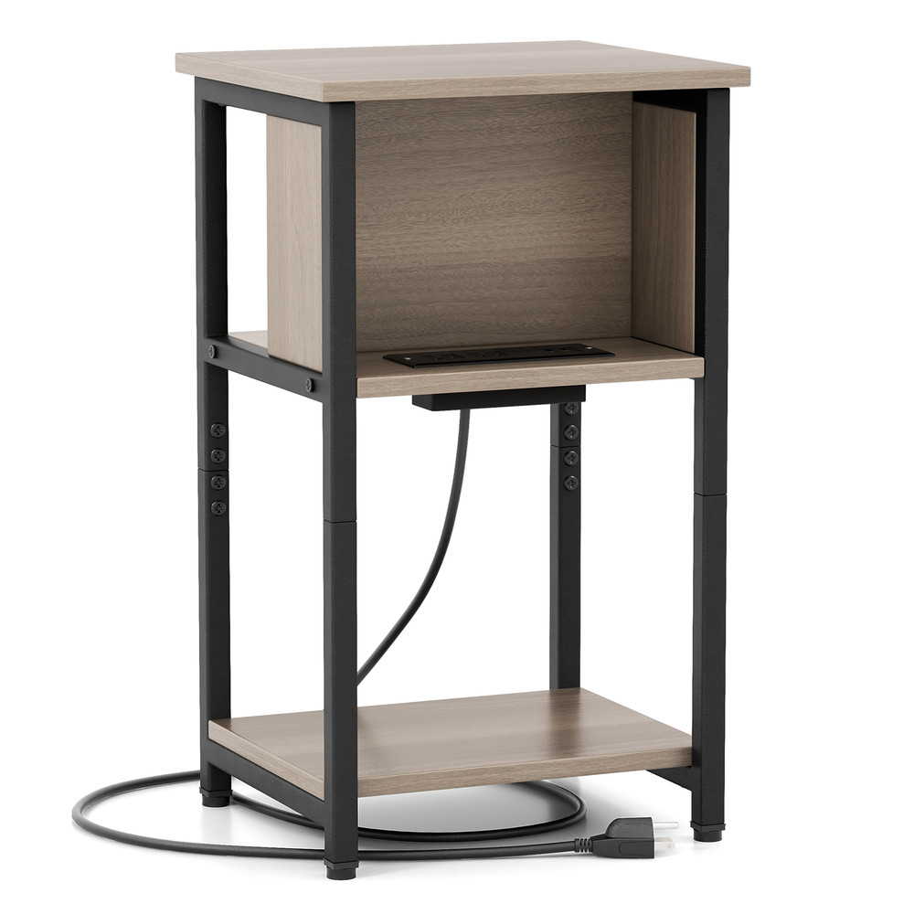 3-Tier End Table with USB Ports & Power Outlets, Narrow Nightstand with Storage Shelves for Bedroom, Living Room