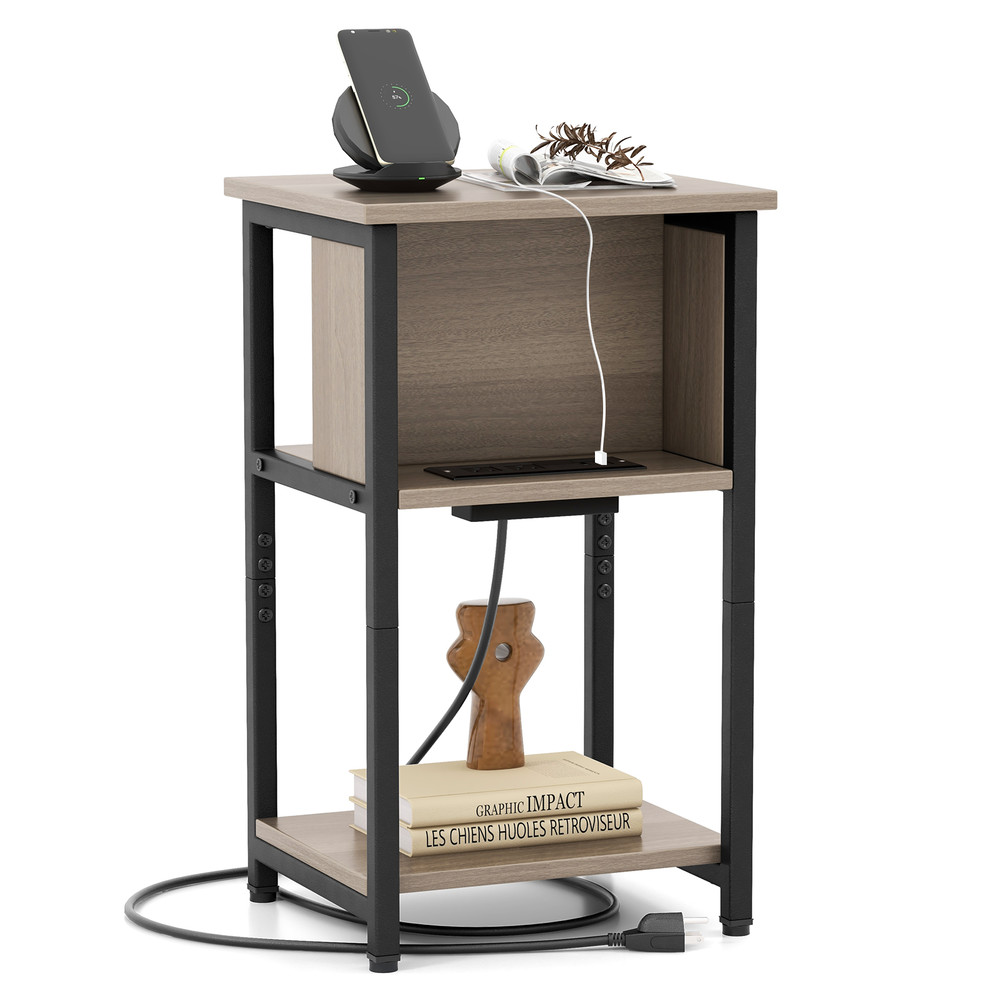 3-Tier End Table with USB Ports & Power Outlets, Narrow Nightstand with Storage Shelves for Bedroom, Living Room