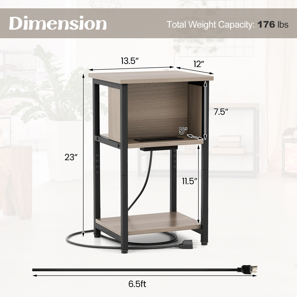 3-Tier End Table with USB Ports & Power Outlets, Narrow Nightstand with Storage Shelves for Bedroom, Living Room