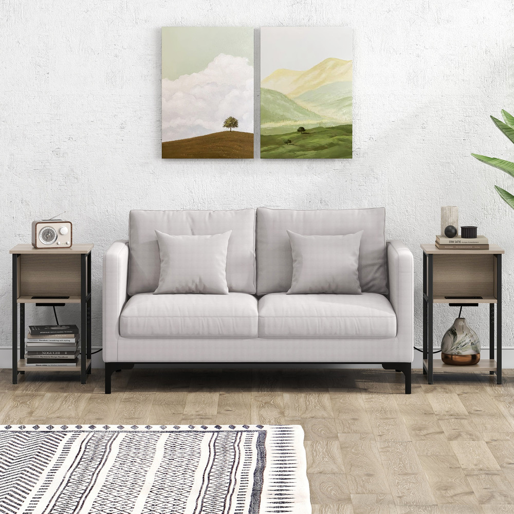 3-Tier End Table with USB Ports & Power Outlets, Narrow Nightstand with Storage Shelves for Bedroom, Living Room