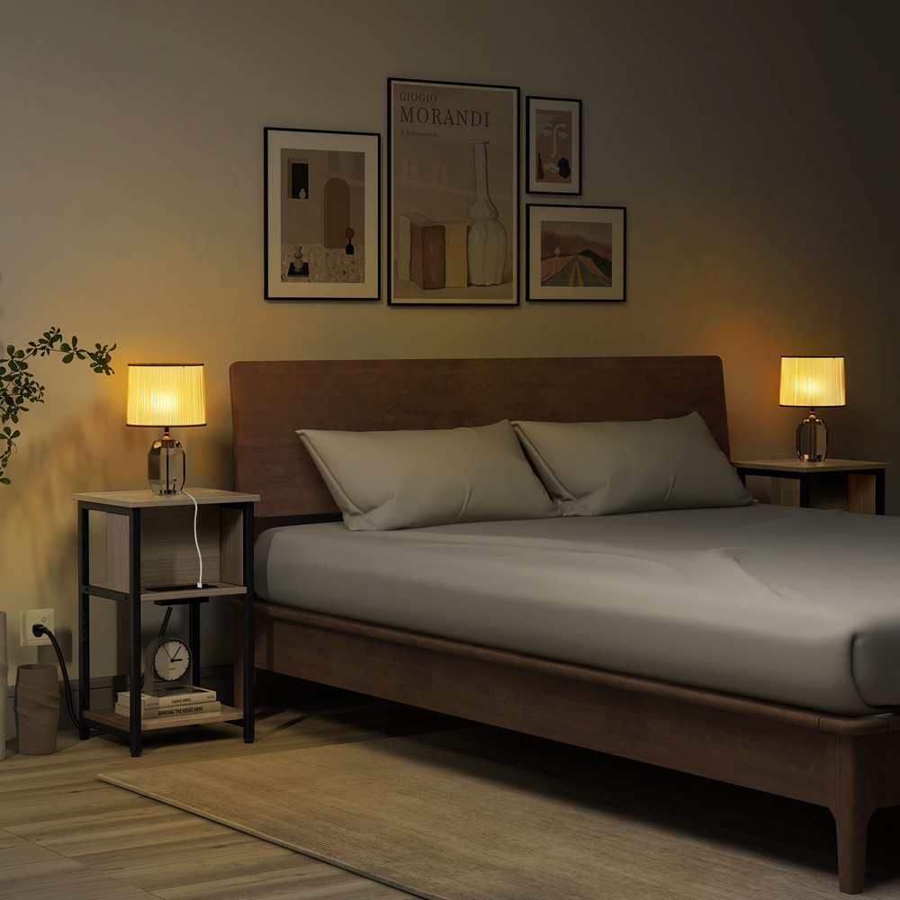 3-Tier End Table with USB Ports & Power Outlets, Narrow Nightstand with Storage Shelves for Bedroom, Living Room