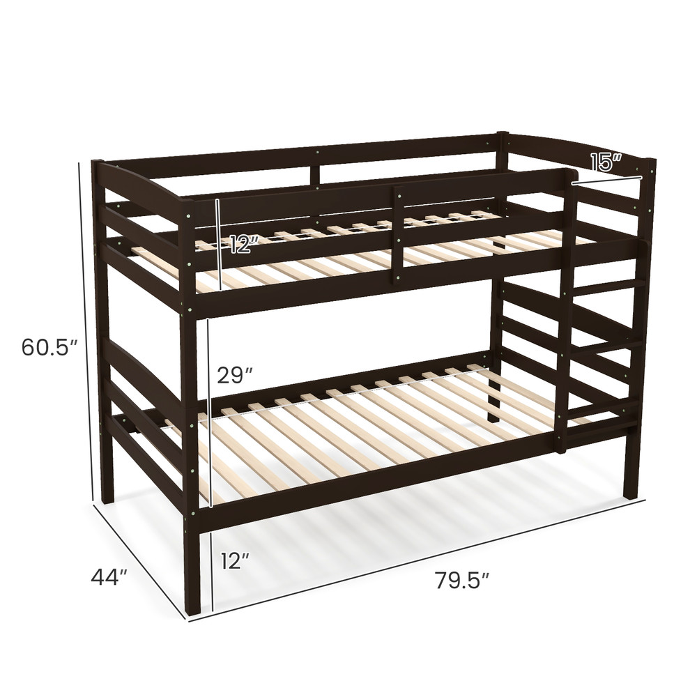 Solid Wood Twin Over Twin Bunk Bed Frame with Guardrails & Ladder – Convertible Kids Bed for Bedroom or Guest Room