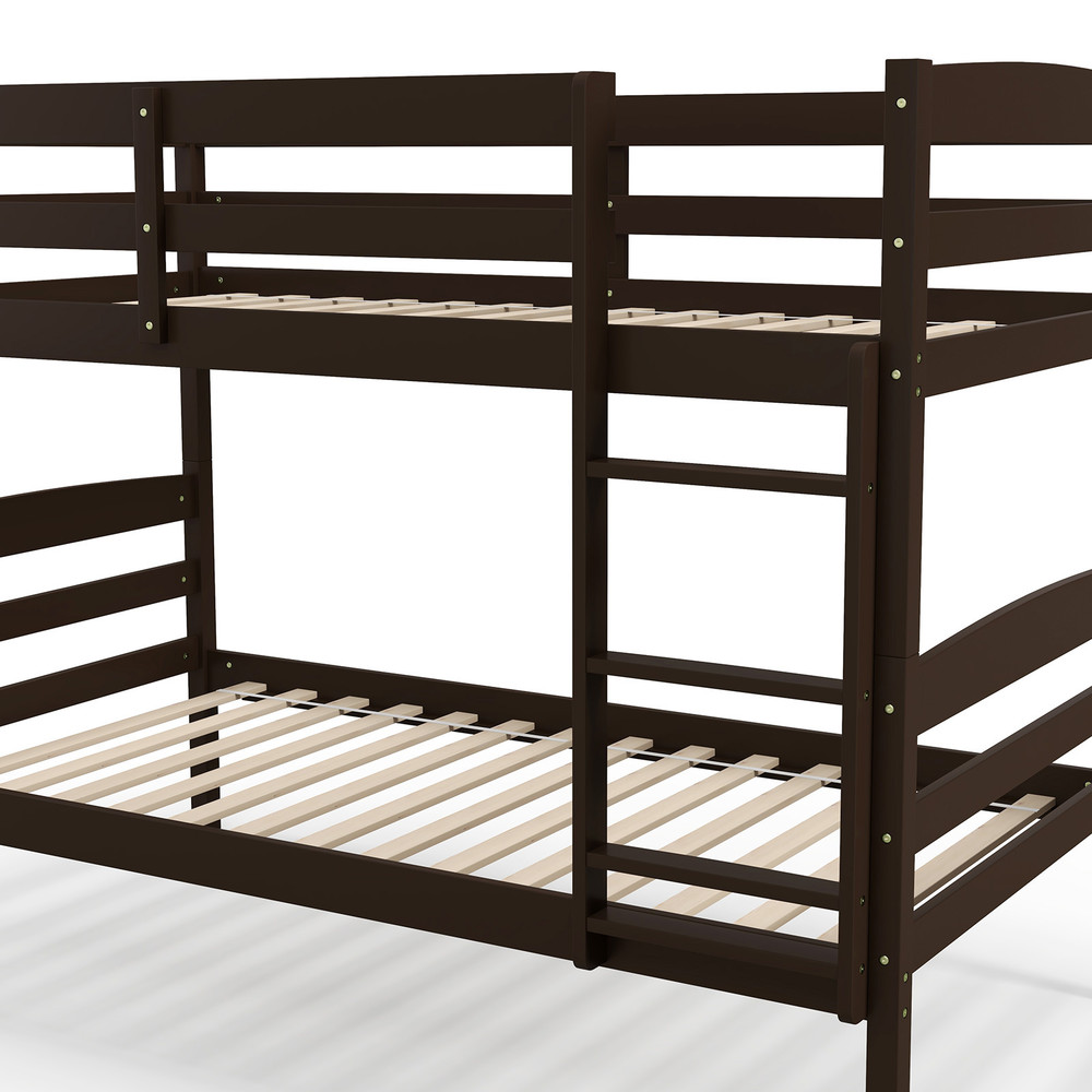 Solid Wood Twin Over Twin Bunk Bed Frame with Guardrails & Ladder – Convertible Kids Bed for Bedroom or Guest Room