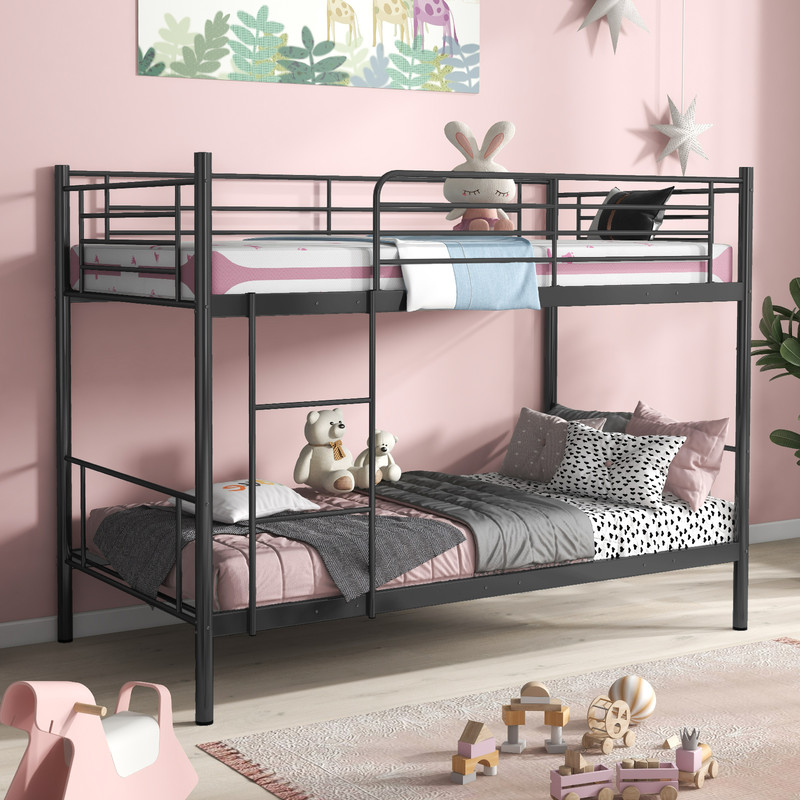 Twin Over Twin Metal Bunk Bed with Ladder and Full-length Guardrails, Heavy Duty Frame for Kids, Teens, Dorm