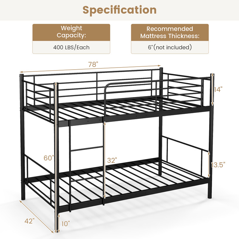 Twin Over Twin Metal Bunk Bed with Ladder and Full-length Guardrails, Heavy Duty Frame for Kids, Teens, Dorm