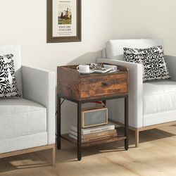 industrial bedside table nightstand with charging station, usb & ac ports, rustic small side table with drawer & shelf