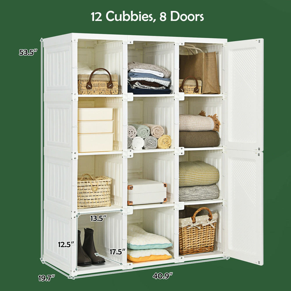Clothes Foldable Armoire Wardrobe Closet with 12 Cubby Storage, Portable Collapsible Organizer with Hanging Rods for Bed